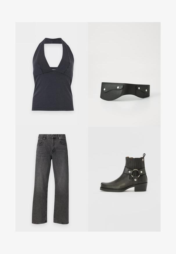 Čierny halter top s hlbokým výstrihom do V a priliehavým pásom, bez rukávov, na jednofarebnom pozadí.; Čierne džínsy s rovno strihanými nohavicami, klasickým päťvreckovým štýlom a viditeľným prešitím pozdĺž švov.; Čierna kožená členková topánka s zaoblenou špičkou, vrúbkovanými elastickými stranami, kovovým prstencom a nízkym blokovým podpätkom.; Čierny kožený opasok s dvoma zaoblenými vreckami, zabezpečenými striebornými cvokmi. Hladká textura, jemne zahnutý dizajn.