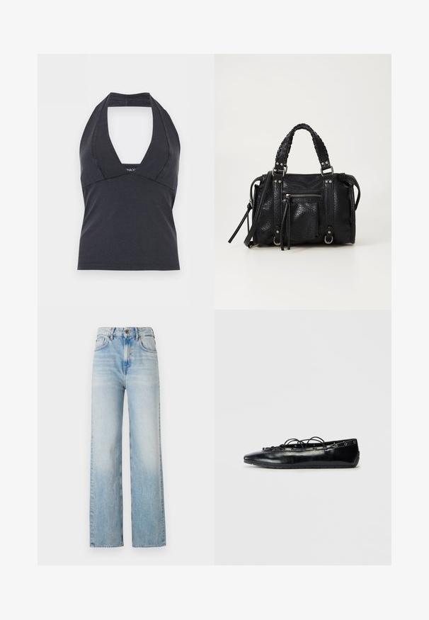 Top negro con cuello halter, escote en V profundo y cintura ajustada, sin mangas, sobre un fondo liso.; Jeans de pierna ancha de color azul claro, elaborados en denim, con una cintura alta, ligero desvanecimiento y un diseño tradicional de cinco bolsillos con costuras en contraste.; Zapato plano negro con puntera afilada y cordones en el frente, con detalles de ojetes a lo largo de los bordes, exhibido sobre un fondo blanco.; Bolso de mano de imitación cuero negro texturizado con asas trenzadas, detalles en hardware plateado y un bolsillo con cremallera en la parte frontal. Diseño compacto con correa para el hombro desmontable.