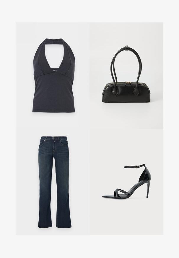 Čierny halter top s hlbokým výstrihom do V a priliehavým pásom, bez rukávov, na jednofarebnom pozadí.; Tmavomodré džínsy s rozšírenými nohavicami, ktoré majú päť vreciek a kontrastné švy. Hladká textúra a štandardný pás.; Čierne lakované kožené sandále na vysokom podpätku s tenkým remienkom okolo členku, otvorenou špičkou a minimalistickým dizajnom na jednoliatom svetlom pozadí.; Čierna kožená kabelka s dvoma predĺženými ušami, zipsovým uzáverom a zaobleným tvarom; hladký povrch s jemným lesklým nádychom.