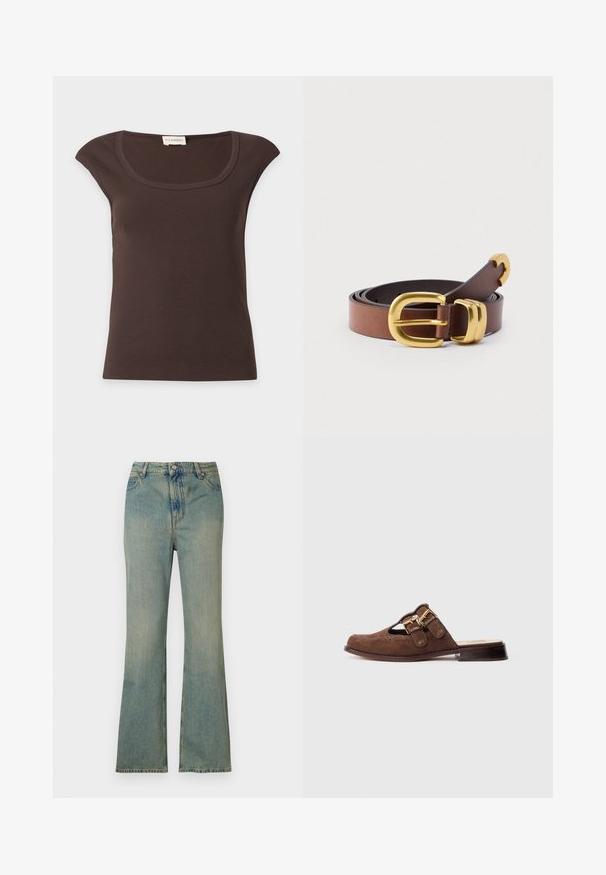 Mørkebrun ribbet kortærmet top med rund halsudskæring og lille stoflabel ved halsen på hvid baggrund.; Lysblå denim flare jeans med høj talje, fem lommer og lynlås. Ren, falmet finish med subtile syninger.; Brune ruskind slip-on mule med rund tå, som har to guldfarvede spænder og en lav stablet hæl. Flad sål med syet detalje.; Brunt læderbælte med en glat tekstur, spænde i guldfarvet metal og buede detaljer. Flere huller for justerbar størrelse.