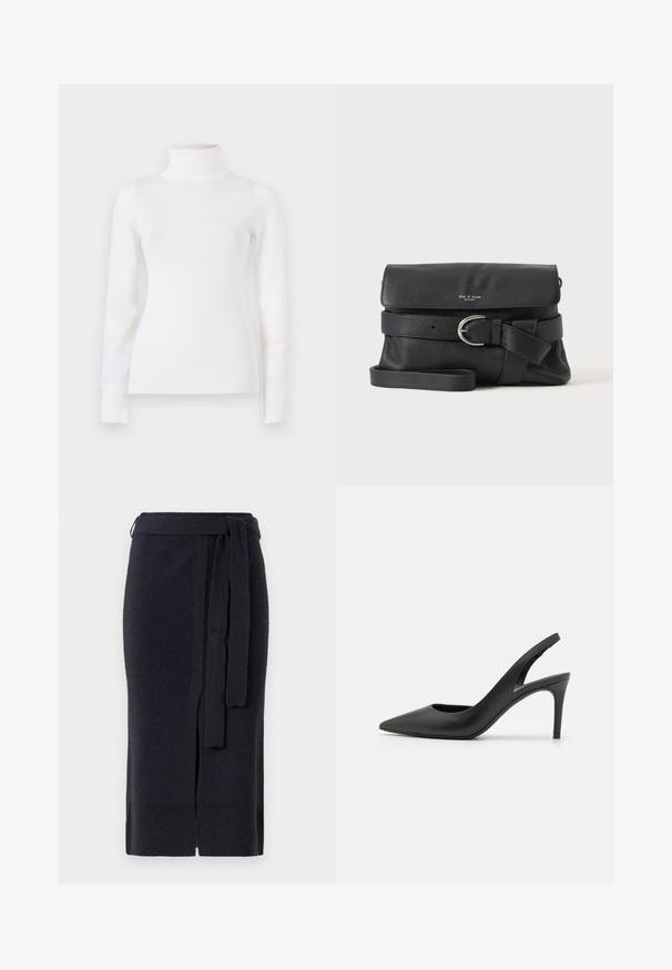 Hvid turtleneck sweater, tætsiddende design, lange ærmer, blød tekstur, glat stof, minimal detaljer, ribbede manchetter og krave.; Knælang, mørkeblå strikket nederdel med en frontslids og matchende bælte i taljen.; Sorte læder slingback høje hæle med spids tå-design, der har en udskæring fortil og en tynd stiletto-hæl.; Sort crossbody taske i prikket læder med klaplukning, sølv spænde bælte detalje og justerbar skulderrem på ensfarvet baggrund.