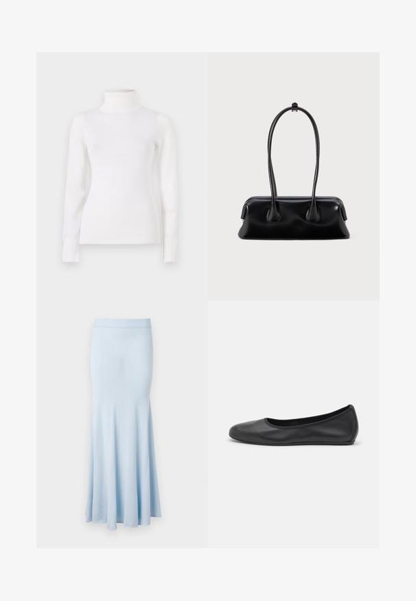 Weißer Rollkragenpullover, körperbetontes Design, lange Ärmel, weicher Stoff, glattes Material, minimale Details, gerippte Bündchen und Kragen.; Helle blaue Strickrock mit ausgestellt geschnittenem Saum, mittellangem Design und einem gerippten Taillenbund. Glatte Textur, keine sichtbaren Muster oder Akzente.; Schwarze Leder-Ballettschuhe mit abgerundeter Spitze, glatter Textur, minimalen Nähdetails und einem flexiblen Sohlen-Design.; Schwarze Lederhandtasche mit zwei langen Griffen, glatter Textur und einer abgerundeten Basis mit dekorativen Akzenten an den Seiten.