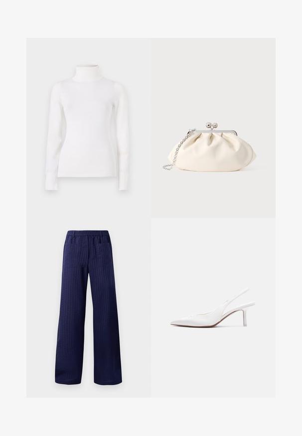 Weißer Rollkragenpullover, körperbetontes Design, lange Ärmel, weicher Stoff, glattes Material, minimale Details, gerippte Bündchen und Kragen.; Marinefarbene weit geschnittene Hose mit strukturiertem Finish, elastischem Bund und zwei Gesäßtaschen. Hergestellt aus leichtem, atmungsaktivem Stoff.; Damen-Slingback-Schuh aus weißem Leder mit spitzer Spitze, niedrigem Kitten-Heel und kleiner dekorativer Schleife oben, seitlich dargestellt.; Cremefarbene Stoff-Clutch mit gerafftem Design, silbernem Metallrahmen, zwei dekorativen Kugeln und einem silbernen Kettenriemen.