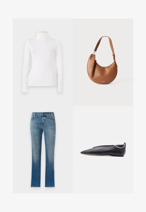 Pull en col roulé blanc, taille ajustée, manches longues, texture douce, tissu lisse, detailing minimal, poignets et col côtelés.; Jean droit bleu clair en denim. Présente une taille mi-haute, des poches avant et un léger effet usé sur le tissu.; Chaussure plate noire en cuir pointue avec un petit talon et un détail de chaîne argentée à l'arrière sur un fond uni.; Sac d'épaule en cuir marron en forme de croissant avec une bandoulière réglable et un petit texte logo argenté en bas au centre.