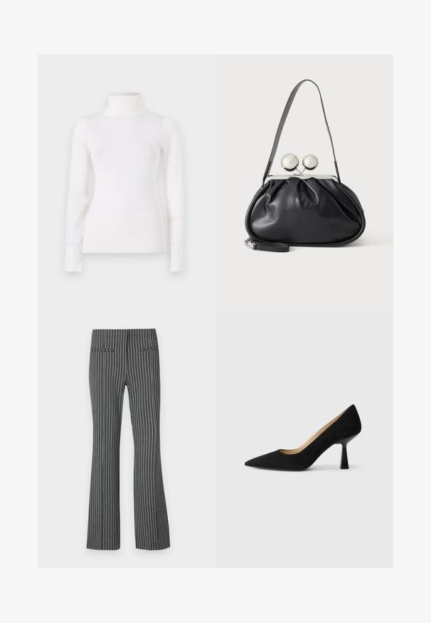 White turtleneck sweater, form-fitting design, long sleeves, soft texture, smooth fabric, minimal detailing, ribbed cuffs and collar.; Black and white checkered trousers, flared leg design, featuring two back pockets and textured fabric with visible grid pattern.; Black suede high-heeled pump with a pointed toe, featuring a glossy black block heel and a smooth interior lining.; Black leather handbag with a gathered design, single strap, silver metal frame, and two large round silver clasp closures.