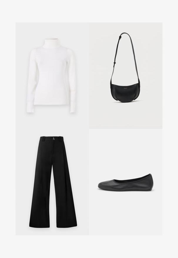 Weißer Rollkragenpullover, körperbetontes Design, lange Ärmel, weicher Stoff, glattes Material, minimale Details, gerippte Bündchen und Kragen.; Schwarze, weit geschnittene Hose aus glattem Stoff, mit hoher Taille, Falten und einem Logo auf der Rückseite. Sauberes, maßgeschneidertes Design ohne Muster.; Schwarze Leder-Ballettschuhe mit abgerundeter Spitze, glatter Textur, minimalen Nähdetails und einem flexiblen Sohlen-Design.; Schwarze, halbmondförmige Umhängetasche aus Leder mit verstellbarem Riemen und kleinem goldenem Logo in der Mitte vorne.