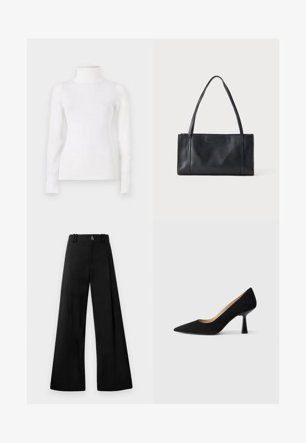 Hvid turtleneck sweater, tætsiddende design, lange ærmer, blød tekstur, glat stof, minimal detaljer, ribbede manchetter og krave.; Sorte bredbenede bukser lavet af glat stof, med høj talje, plisseringer og et logo bagpå. Rent, skræddersyet design uden mønstre.; Sorte ruskinds højhælede pumps med spids tå, der har en blank sort blokhæl og en glat indvendig foring.; Sort rektangulær lædertaske med to tynde skulderremme mod en ensartet lys baggrund.