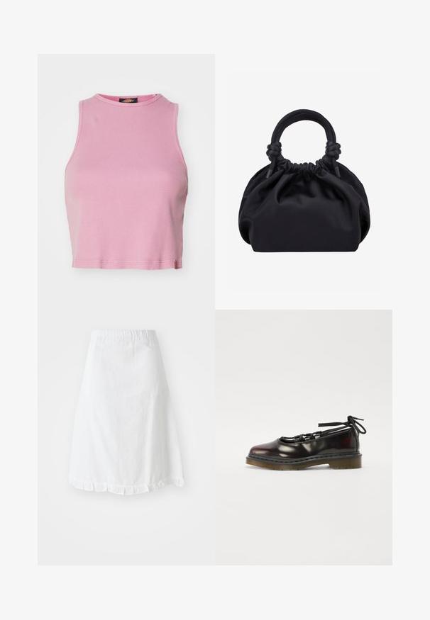 Rosa ribbet crop top med rund halsudskæring og ærmeløs design. Har en kant, der slutter lige over taljen.; Hvid nederdel med elastisk talje, der har et tekstureret mønster og en flæset snit i bunden. Enkel A-formet design.; Blanketing mørkerød sko med rund tå, snørebåndsdesign, gummisål og sorte snørebånd, med sølvhardware og synede kanter.; Sort blød stofhåndtaske med samlet top og cirkulære polstrede håndtag bundet med knuder på hver side.