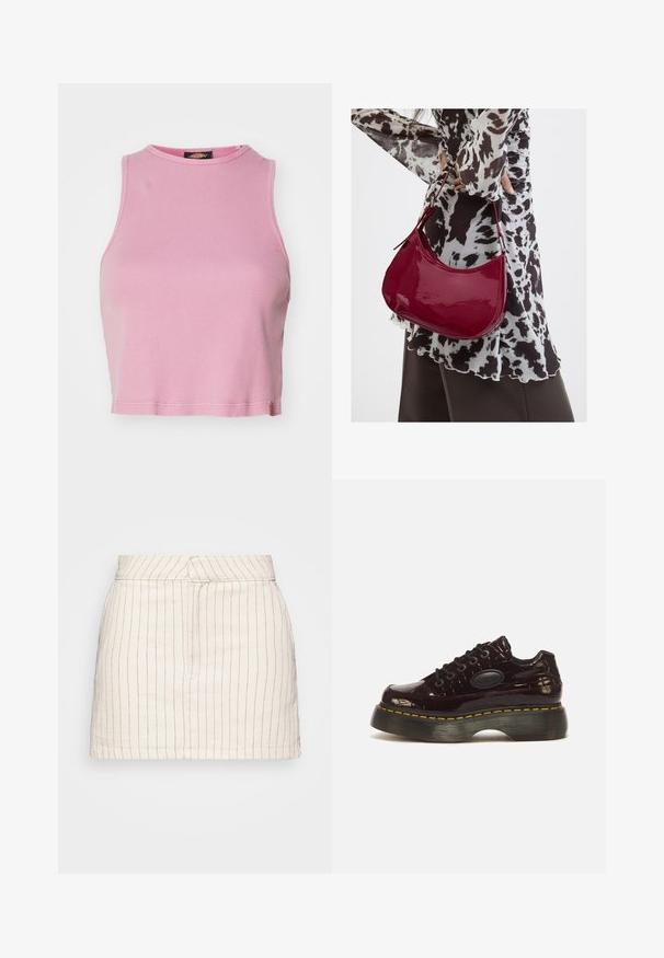 Rosa ribbet crop top med rund halsudskæring og ærmeløs design. Har en kant, der slutter lige over taljen.; Cremefarvet nederdel med tynde røde lodrette striber, med en tætsiddende pasform og lige kant. Fremstillet af et letvægtsstof.; Skinnende mørk bordeaux platform sko med tyk ribbet sort sål, gul syning, rund tå og snørelukning.; Kvinde iført en sort- og hvidmønstret bluse, der holder en blank rød skuldertaske mod en ensfarvet baggrund.