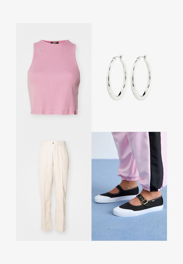 Rosa ribbet crop top med rund halsudskæring og ærmeløs design. Har en kant, der slutter lige over taljen.; Beige, lige ben bukser lavet af en bomuldsblanding. Har to forlommer, en knaplukning og synlige sømdetaljer.; Sorte lærredssko med en hvid sål, der har et udskæringsdesign og et guldspænde. Bæret med lyserøde træningsbukser.; Sølvøreringe i form af hoops med en glat, blank finish. Cirkulær form, der har en sikker lås. Simpelt og elegant design.