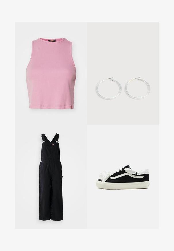 Crop top rose à côtes avec un col rond et un design sans manches. Se termine juste au-dessus de la taille.; Salopette en denim noir avec des jambes larges, bretelles ajustables, poche avant et accents en métal argenté. Texture lisse, design minimal.; Basket basse noire avec semelle blanche, bande blanche sur le côté, et tissu blanc décoratif froncé le long de la languette et du col de la cheville.; Paire de boucles d'oreilles créoles argentées brillantes avec fermoirs en fil fin, présentée sur un fond gris clair.