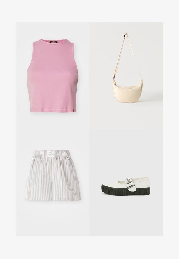 Rosa gerippter Cropped-Top mit rundem Halsausschnitt und ärmellosem Design. Besitzt einen Saum, der knapp über der Taille endet.; Hellgraue gestreifte Shorts aus weichem Stoff. Verfügt über einen elastischen Bund mit einem Nike-Logo-Tag in der Mitte.; Weißer Vans Mary Jane Schuh mit dicker schwarzer gerippter Sohle und großem silbernen Schnallenriemen vor einfachem grauem Hintergrund.; Beige schultertasche in mondförmigem Design mit langem, verstellbarem Riemen, hängend vor schlichtem hellen Hintergrund.
