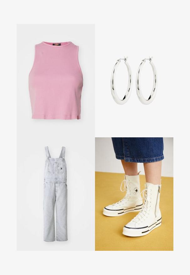 Rosa ribbet crop top med rund halsudskæring og ærmeløs design. Har en kant, der slutter lige over taljen.; Grå denim-arbejdsbukser med justerbare stroppper, en frontlomme og sidelommer; løs, lige ben-design; falmet vask med minimal tekstur.; Hvide høj-top sneakers med lynlåslukning, snørresystem og sorte striber på en tyk sål. Tekstureret kanvasmateriale.; Sølvøreringe i form af hoops med en glat, blank finish. Cirkulær form, der har en sikker lås. Simpelt og elegant design.