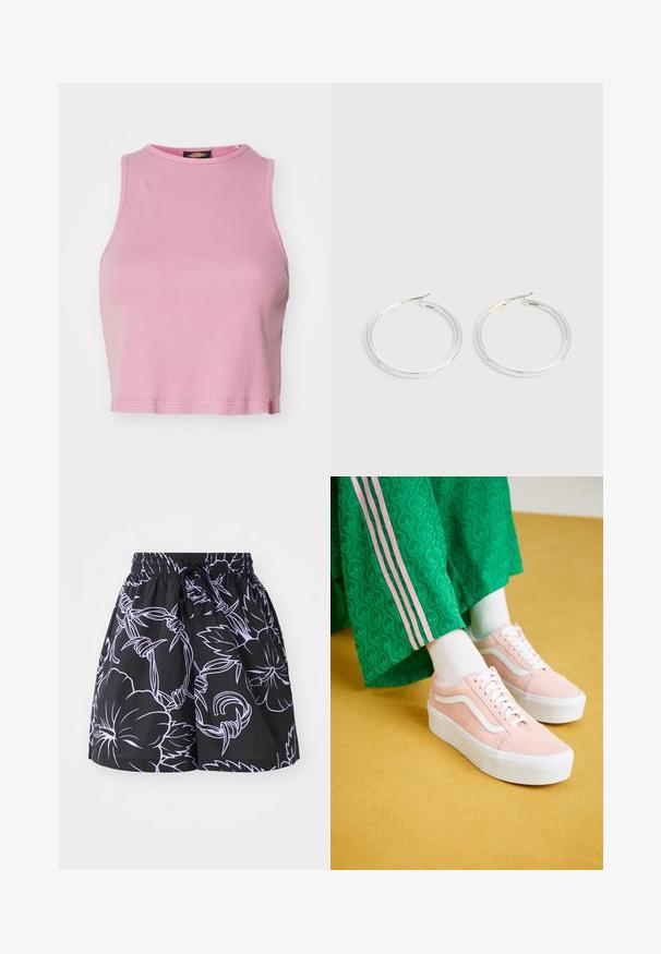 Ružový rebrovaný crop top s okrúhlym výstrihom a bezrukávovým dizajnom. Má lemovanie končiace tesne nad pásom.; Čierne šortky s viazacím pásom, ktoré majú kontrastné svetlofialové kvetinové a listové vzory na jednolatom pozadí.; Ružové semišové tenisky s bielymi akcentmi a silnými bielymi podrážkami, skombinované so zelenými nohavicami so vzorom a ružovými bočnými pruhmi.; Pár lesklých strieborných kruhových náušníc s tenkými drôtenými zapínaniami, zobrazených na svetlo šedom pozadí.