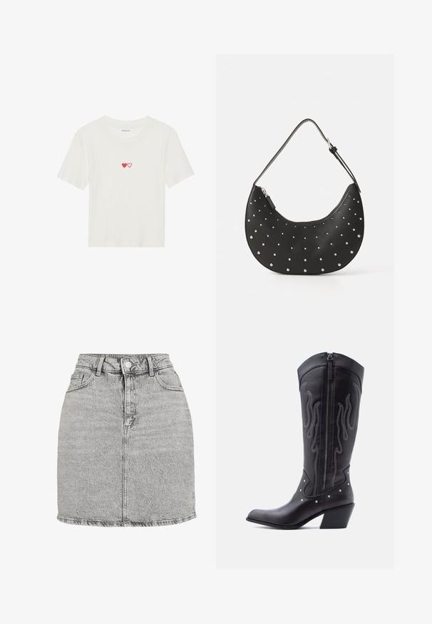 Camiseta blanca de manga corta con canalé que presenta dos corazones rojos bordados en el pecho. Tejido suave con un diseño clásico de cuello redondo.; Falda de mezclilla gris con cintura alta, cierre de botones en la parte delantera y dos bolsillos laterales. Presenta un dobladillo deshilachado y una textura sutilmente lavado a la piedra.; Botas vaqueras de cuero negro con puntera puntiaguda, costuras visibles, detalles de tachuelas plateadas y cierre de cremallera en el lado interior.; Bolso de mano de cuero negro con forma curva, adornado con tachuelas plateadas, cuenta con cierre de cremallera y una sola correa ajustable.