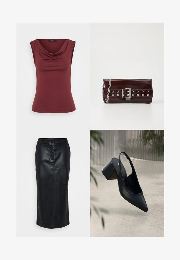 Burgundi värvi ilma varrukateta tops, millel on langev kaelus, sobib keha kuju järgi, valmistatud pehmest materjalist, millel on sile ja ühtlane tekstuur. Ilma mustrite või detailideta.; Must töötava nahk-midi seelik siledast tekstuurist, ees nööbiga sulgemine ja sirge siluett. Omab külgšahti ja minimaalseid detaile.; Must musta slingback-kreen, millel on terav nina ja plokknina. Sile tekstuur, minimaalne disain ja reguleeritav pahkluu rihm.; Burgundia faux nahast kott hõbedase ahela rihmaga, millel on pandla disain ja metallist silmad üle esiosa, et lisada detaili.