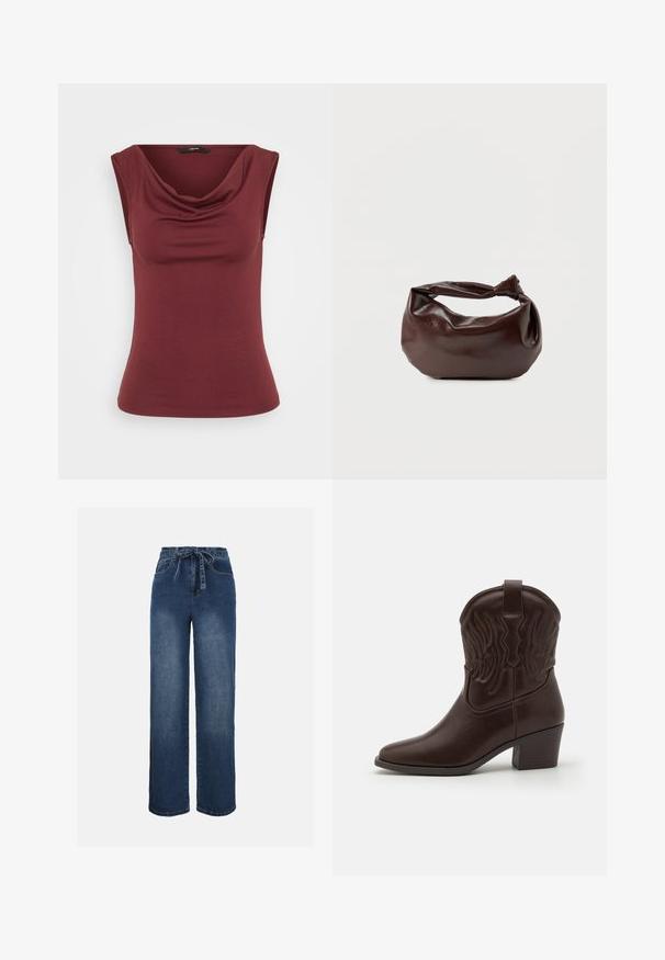 Bordeauxfarvet ærmeløs top med draperet halsudskædning, tætsiddende pasform, lavet af blødt materiale, med glat, jævnt tekstur. Ingen mønstre eller detaljer.; Blå denimjeans med høj talje og vide ben, forlommer foran og et matchende stofbælte bundet i taljen.; Brune læder cowboystøvler med spidse tæer, præget vinge mønster, en midhøj blokhæl og en pull-tab bagpå.; Mørkebrun læder skuldertaske med en blød, afslappet form og et snoet knudehåndtag på en ensartet hvid baggrund.