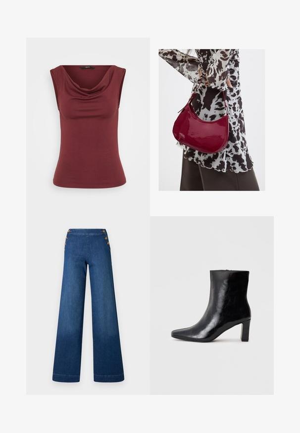 Haut sans manches bordeaux avec un décolleté drapé, de forme ajustée, fabriqué en matériau doux, présentant une texture lisse et uniforme. Aucun motif ni accent.; Pantalon en denim bleu foncé à jambes larges. Il présente un devant plat avec cinq boutons dorés pour la fermeture. Texture lisse avec une finition classique.; Bottine noire en cuir brillant, avec un bout pointu et un talon carré moyen, présentant une texture lisse et un design simple.; Femme portant un chemisier à motif noir et blanc tenant un sac à main rouge brillant sur un fond uni.