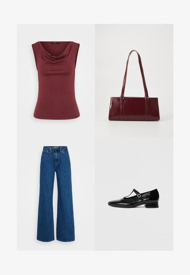 Bordeauxfarvet ærmeløs top med draperet halsudskædning, tætsiddende pasform, lavet af blødt materiale, med glat, jævnt tekstur. Ingen mønstre eller detaljer.; Højtaljede blå denimjeans med brede ben, forlommer, bæltestropper og et bundet stofbælte i taljen mod en ensfarvet baggrund.; Sorte Mary Jane-sko i læder med spids tå, lille blokhæl og justerbar rem med sølvspænde. Glat, blank tekstur.; Bordeaux håndtaske lavet af glansfuldt materiale, rektangulær form, med to skulderremme og subtile buede detaljer på forsiden.
