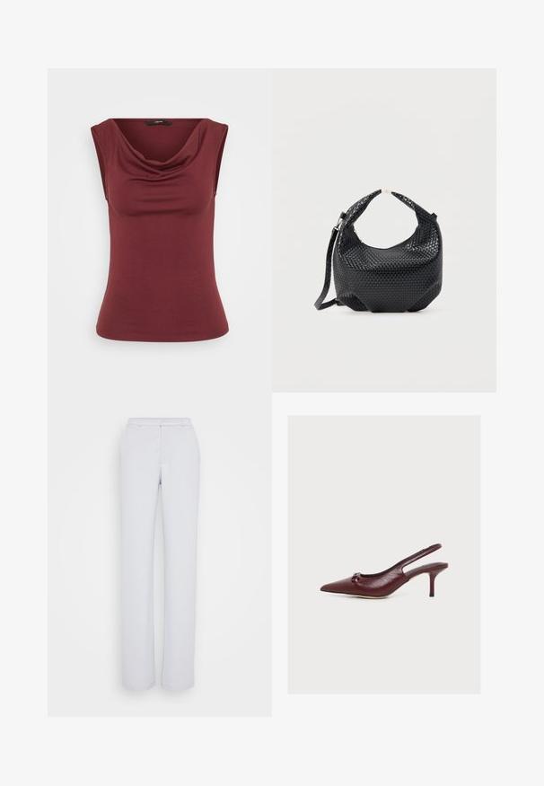 Burgundi värvi ilma varrukateta tops, millel on langev kaelus, sobib keha kuju järgi, valmistatud pehmest materjalist, millel on sile ja ühtlane tekstuur. Ilma mustrite või detailideta.; Heled hallid püksid sirge säärte disainiga, valmistatud siledast kangast, lame esiosa, vöökoht ja nähtavaid kaunistusi pole.; Burgundia värvi nahast terava nina ja väikese kitten-kontsaga slingback kontsakingad ning kaunist sõlmega pealsel.; Mustast punutud nahast käekott lühikese sangaga ja eemaldatava õlarihmaga, esitatud lameda heleda tausta ees.