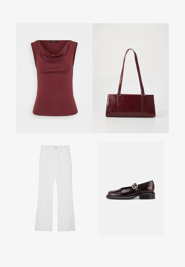 Bordeaux mouwloos topje met een gedrapeerde halslijn, aansluitende pasvorm, gemaakt van zachte stof, met een gladde, egale textuur. Geen patronen of accenten.; Witte flared jeans van katoenen denim, met twee voorzakken, een rits en een metalen knoop. Glad textuur met minimale details.; Enkele glanzende donker bordeauxrode Mary Jane schoen met brede band en zilveren gesp, lage blokhak en afgeronde neus op witte achtergrond.; Bourgondische handtas van glanzend materiaal, rechthoekige vorm, met twee schouderbanden en subtiele gebogen accenten aan de voorkant.