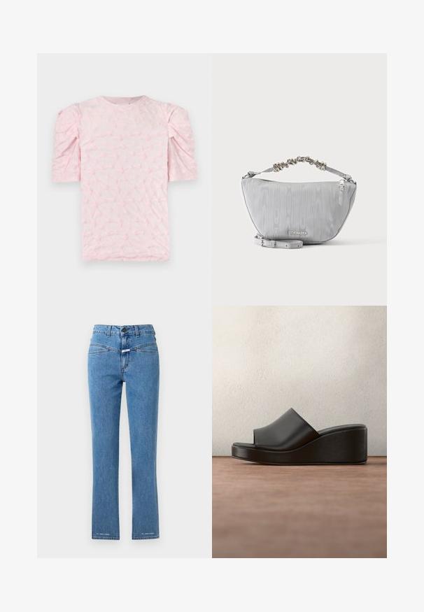 Chemise rose clair à manches courtes avec motif floral texturé et manches légèrement bouffantes sur un fond uni.; Jean en denim bleu clair avec une coupe droite, taille haute et deux poches avant. Présente une fermeture à bouton et des accents de marque près de l'ourlet.; Sandale à plateforme noire en cuir, à bout ouvert, avec le logo Anna Field sur la semelle intérieure, présentée sur un fond sombre flou.; Sac à main demi-lune gris clair avec poignée en chaîne argentée froncée, fermeture éclair, sangle en cuir réglable et logo "Steve Madden" sur le devant.