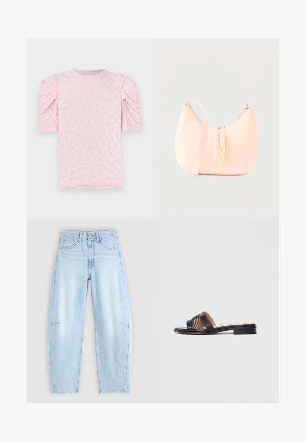 Lyserød kortærmet skjorte med tekstureret blomsterprint og let oppustede ærmer på ensfarvet baggrund.; Lyseblå denimjeans med en afslappet pasform, der har høj talje, fem-lommers design og subtilt slid med frynset kant.; Sorte slidesandal med to brede stropper, hvoraf den ene har et vævet design. Flad sål, minimal detaljering, velegnet til afslappet brug.; Lyserød skuldertaske i læder med en glat tekstur, buet form, lynlåslukning og guldfarvede metaldetaljer. Justerbar skulderrem medfølger.