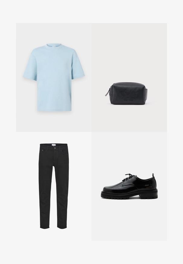 Lyseblå bomulds t-shirt med rund hals, korte ærmer og en afslappet pasform. Glat tekstur og minimalistisk design, ingen synlige mønstre eller detaljer.; Sorte denimjeans har fem lommer, lynlås, en slim fit og subtile syninger. Stoffet har en glat tekstur.; Sort poleret læder snørestøvle med tyk gummisål og lav hæl, sideskilt med mærketekst "SAMSOE" og bageste træksnor.; Sort rektangulær lædertoilettaske med lynlås og præget brandnavn foran, sat mod en ensartet hvid baggrund.