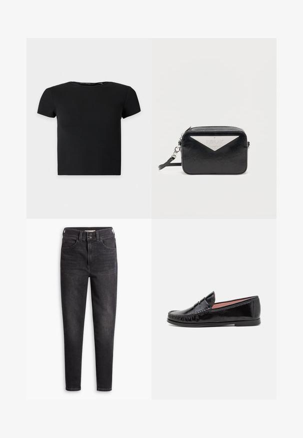 Sort kortærmet ribbet crop top med rund halsudskæring, vist på en ensfarvet lys baggrund.; Højtaljede sorte jeans lavet af denim, med slim fit, fem-lomme design og dobbeltknapslukning. Diskret falming og ingen pynt.; Sorte laklæder loafer-sko med rund tå, dekorativ syning på overdelen og en lav, flad gummisål.; Sort rektangulær håndledstaske med en sølvfarvet trekantet metalplade på forsiden, indgraveret med "REPLAY", og en rem til håndleddet fastgjort.