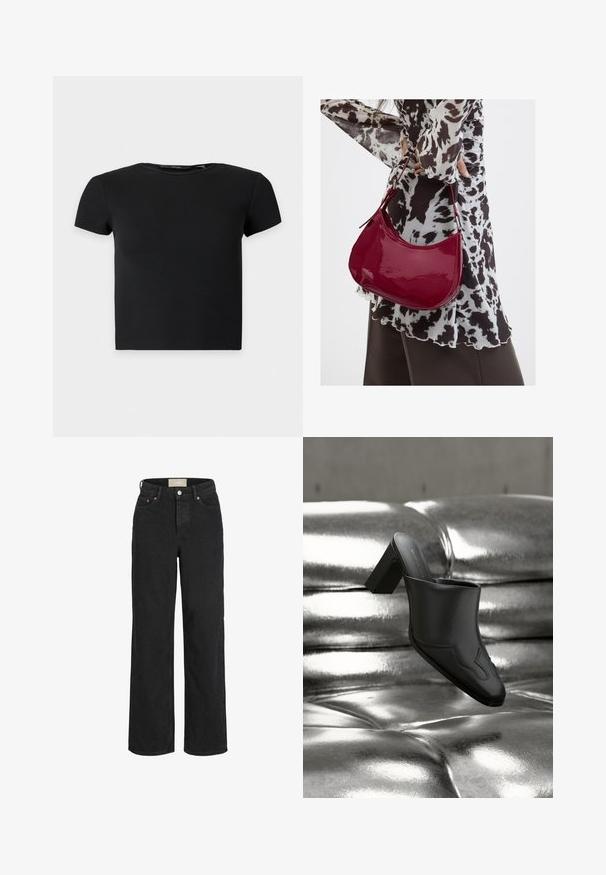 Must lühikeste varrukatega soonikkoes crop top ümarate kaelustega, esitatud lihtsal heledal taustal.; Mustad kõrge vöökohaga sirged teksapüksid, esiküljel nööp ja tõmblukk, vööaugud ning viie tasku disain.; Must nahast mumm, millel on plokktald, lebamas läikival hõbedasel nupuga pinnal, mis rõhutab selle elegantset disaini ja kumeraid detaile.; Naine, kes kannab must-valget mustriga pluusi ja hoiab läikivat punast õlakotti ühevärvilise tausta ees.