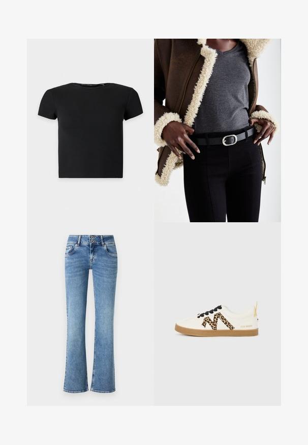 Top corto negro de manga corta con textura acanalada y escote redondo, mostrado sobre un fondo claro liso.; Jeans de mezclilla azul de campana con cintura alta, cierre de doble botón, cinco bolsillos y detalles cosidos en las costuras.; Zapatilla blanca con cordones negros, acentos de estampado de leopardo formando un patrón en zigzag y una suela de goma marrón claro. El nombre de la marca aparece en el talón.; Chaqueta de piel sintética marrón forrada de borrego, camiseta gris de cuello en V, cinturón negro con hebilla ovalada de plata, jeans negros ajustados, materiales texturizados y diseño en capas.