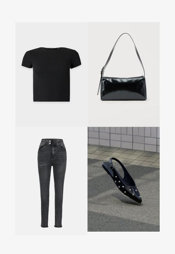 Schwarzes kurzärmeliges, geripptes Croptop mit rundem Ausschnitt, auf einfarbig hellem Hintergrund dargestellt.; Schwarze, hoch taillierte Jeans aus Denim mit schmaler Passform, zwei vorderen Taschen, einem Reißverschluss mit zwei Knöpfen und fransigen Saumdetails.; Schwarzer, spitzer Slingback-Schuh mit silbernen Nieten, schwebt über Asphalt vor einem hintergrund aus gefliester Wand.; Schwarze rechteckige Schultertasche mit einem verstellbaren Riemen und einem oberen Reißverschluss vor einfachem Hintergrund.