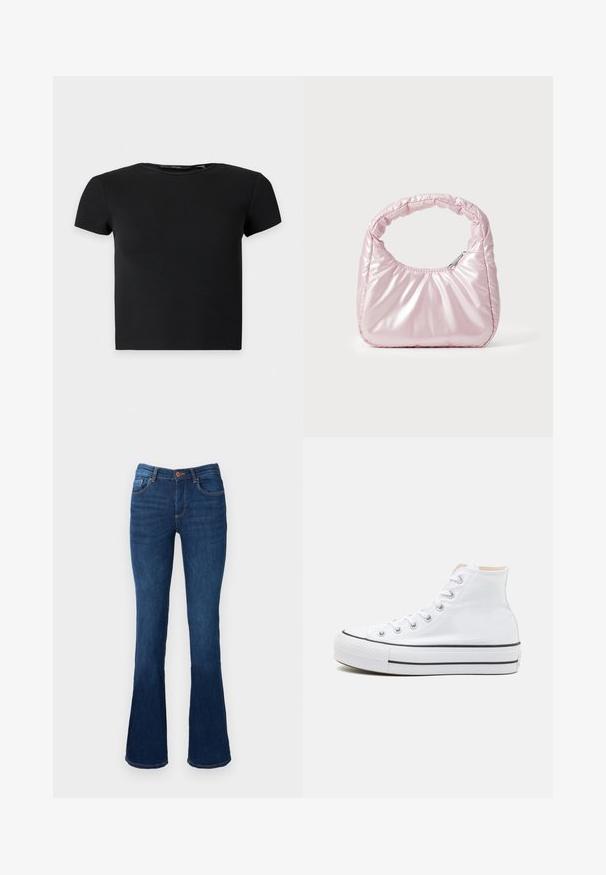 Zwarte korte mouwen geribbelde crop top met ronde halslijn, weergegeven op een effen lichte achtergrond.; Uitlopende blauwe denim jeans met een middelhoge taille, voorzien van voor- en achterzakken, oranje stiksels en een knoopsluiting.; Witte hoge sneakers van canvasmateriaal, zwarte rubberen zool en contrasterende zwarte streep op de tussenzool. Circulaire neus en vetersluiting.; Roze, gevoerde handtas met een afgeronde vorm, gemaakt van glanzend materiaal. Beschikt over een geplooide handgreep en een ritssluiting voor veilige toegang.