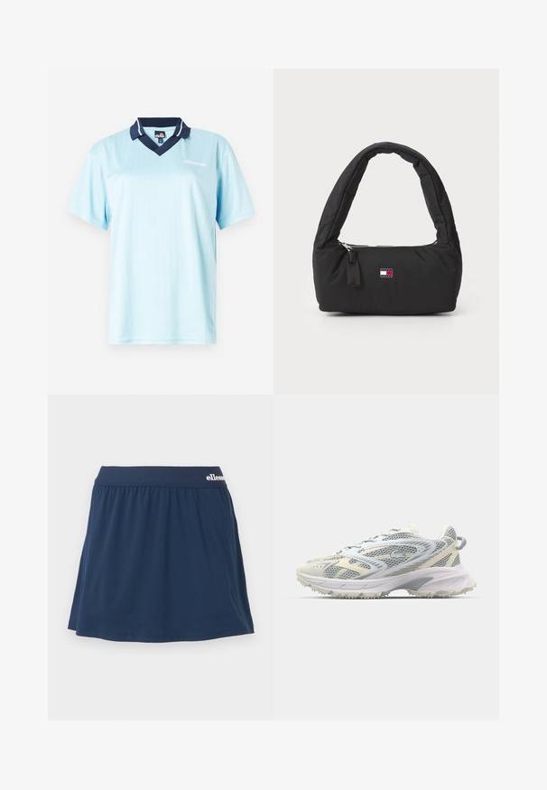 Lyseblå kortærmet polo shirt med marineblå krave. Lodrette striber og logoaksecent på fronten. Glat, letvægtsstof.; Mørkeblå, blødt stof skort med elastisk talje. Har et samlet design og et lille logo på taljen.; Mesh atletiksko i grå og creme, med en tekstureret overdel, forstærket tå og en lysfarvet, robust ydersål for greb.; Sort nylon håndtaske med et buet, polstret håndtag, sølv lynlås og et lille logo patch i rød, hvid og blå.