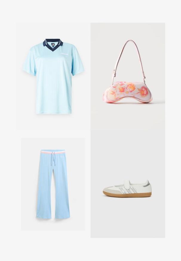 Hellblauses Polo-Shirt mit kurzen Ärmeln und einem Marinekragen. Vertikale Nadelstreifen und Logo-Akzent auf der Vorderseite. Glattes, leichtes Material.; Hellblaue, ausgestellte Jogginghosen mit einem Kordelzugbund. Mit einem rosa und weißen gestreiften Akzent sowie einem gestickten Logo. Weicher Stoff.; Weißer Sneaker mit silbernen Streifen, Wildlederzehenkappe und Klettverschluss. Texturierte Gummisohle in Karamellfarbe. Minimalistisches Design mit glatter Oberfläche.; Kleine Handtasche mit geschwungener Form, die ein pink-orangefarbenes Blumenmuster und einen einzelnen Schulterriemen vor einem einfarbigen Hintergrund zeigt.