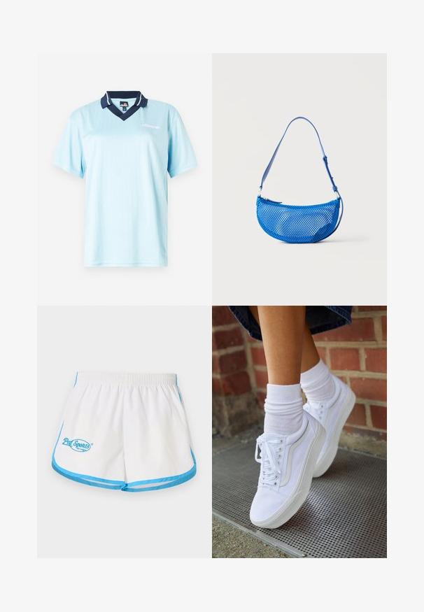 Polo bleu clair à manches courtes avec un col navy. Rayures verticales et logo en accent à l'avant. Tissu lisse et léger.; Pal Sporting Goods LEAGUE WOMENS - Short - marshmallow/blue; Baskets en toile blanches avec semelles en caoutchouc, dotées de six œillets, d'un bout rond et de détails de couture légers, portées avec des chaussettes blanches mi-mollet.; Sac à bandoulière bleu en mesh avec sangle réglable et fermeture éclair, présenté sur un fond blanc uni.