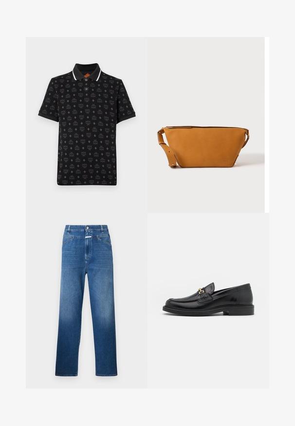 Zwart poloshirt met een herhalend logopatroon. Voorzien van een klassieke kraag met witte accenten en een knoopsluiting met twee knopen. Korte mouwen.; Blauwe denim jeans met een rechte pijp, voorzien van een knoopsluiting, riemlussen en subtiele vervaging op de bovenbenen.; Zwarte leren instappers met een ronde neus, voorzien van een gouden hardware accent en stikdetails, geplaatst op een lage, getextureerde rubberen zool.; Lichtbruine leren crossbodytas met verstelbare band en ritssluiting, getoond tegen een effen lichte achtergrond.