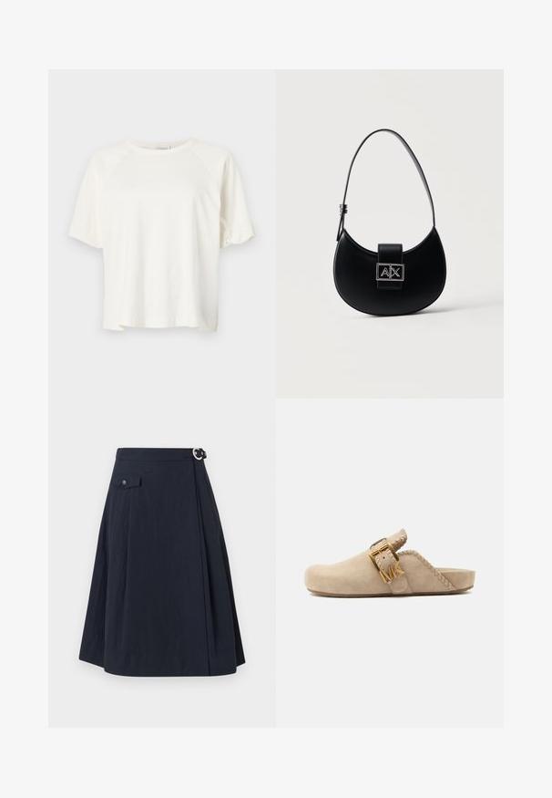 CLOSED WIDE SLEEVE - T-shirt basic - ivory; Navyblauwe A-lijn rok met een zijknoopsluiting, voorzien van een voorzak en een soepele, lichte stof met een lichte glans.; Beige suède instapslof met gestikte randen, verstelbare band met gouden gesp en MK-logo bedel op een platte zool.; Zwart handtas in de vorm van een halve maan met een enkele verstelbare band en een zilveren A|X-logo sluiting op de voorsflap.