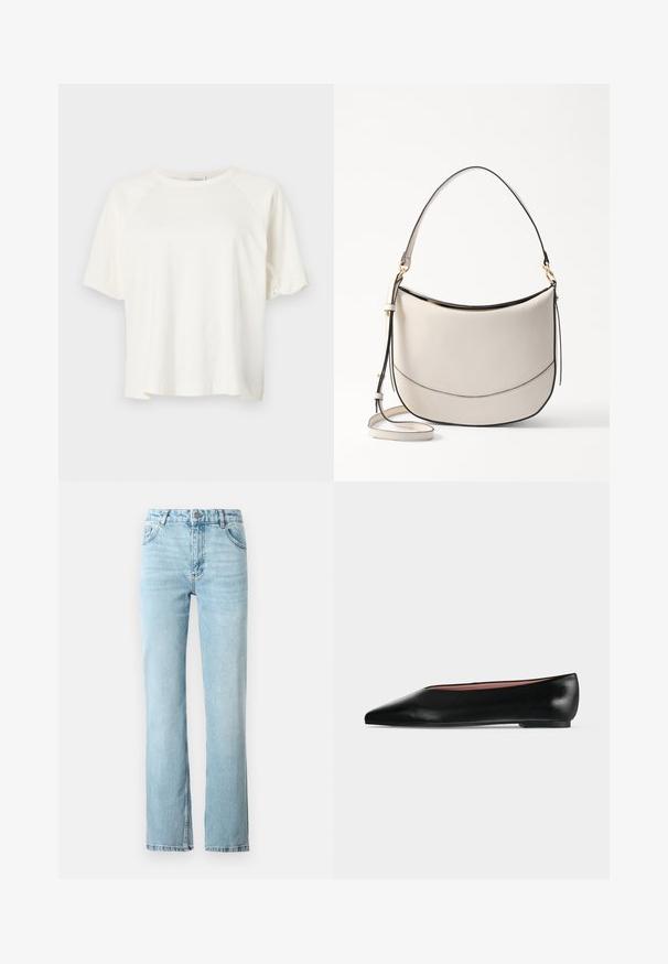 CLOSED WIDE SLEEVE - T-shirt basique - ivory; Jeans en denim bleu clair avec une coupe droite, un design à cinq poches et un léger évasement à l'ourlet. Fini avec des coutures contrastantes.; Chaussure plate en cuir noir pour femme, avec bout pointu et petit talon, vue de côté sur un fond gris clair uni.; Vanessa Bruno DAILY - Sac à main - ivoire