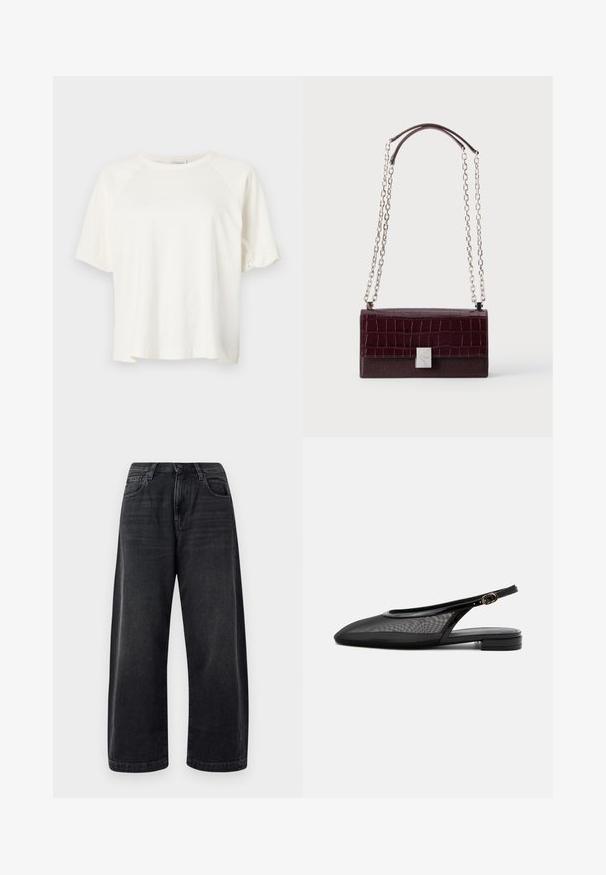 CLOSED WIDE SLEEVE - T-shirts basic - ivory; Bredde ben sorte jeans lavet af denim, med et klassisk fem-lomme design, subtil fading og en knaplukning i taljen.; Sort slingback flad sko med spids tå, mesh overdel, justerbar spænde rem og lav stablet hæl på hvid baggrund.; Mørk bordeaux rektangulær håndtaske med krokodilletekstur flap, sølv rektangulært spænde og dobbelte sølv kæderem med læder skulderstropper.