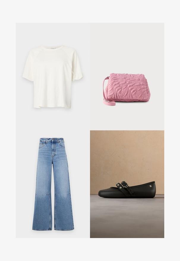CLOSED WIDE SLEEVE - T-shirt basic - ivory; Lichtblauwe wijde denimjeans met hoge taille, met voorzakken en naaddetails die verticaal over de benen lopen.; Zwart leren platte schoen met dubbele gespsluitingen en metalen studs, zwevend in de lucht boven een gestructureerd beige tapijt en een houten tafel als achtergrond.; Roze gewatteerde clutch met abstract reliëfpatroon en afneembare polsband op een effen achtergrond.