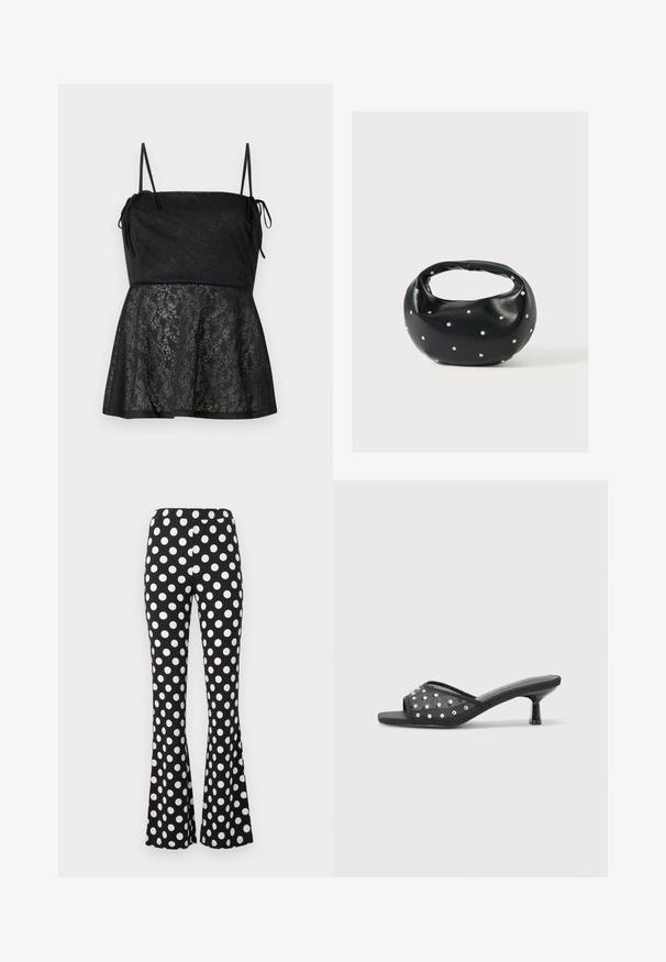 Robe noire sans manches avec fines bretelles, corsage ajusté et jupe évasée présentant un subtil motif en dentelle florale.; Pantalon noir évasé avec de grands pois blancs et une taille élastique, présenté sur un fond clair uni.; Sandale à talon bas ouverte noire avec un tissu transparent orné de clous décoratifs transparents et une semelle lisse.; Sac à main en cuir noir de forme arrondie, décoré de clous argentés et équipé d'une poignée courte. Texture lisse et fermeture éclair.