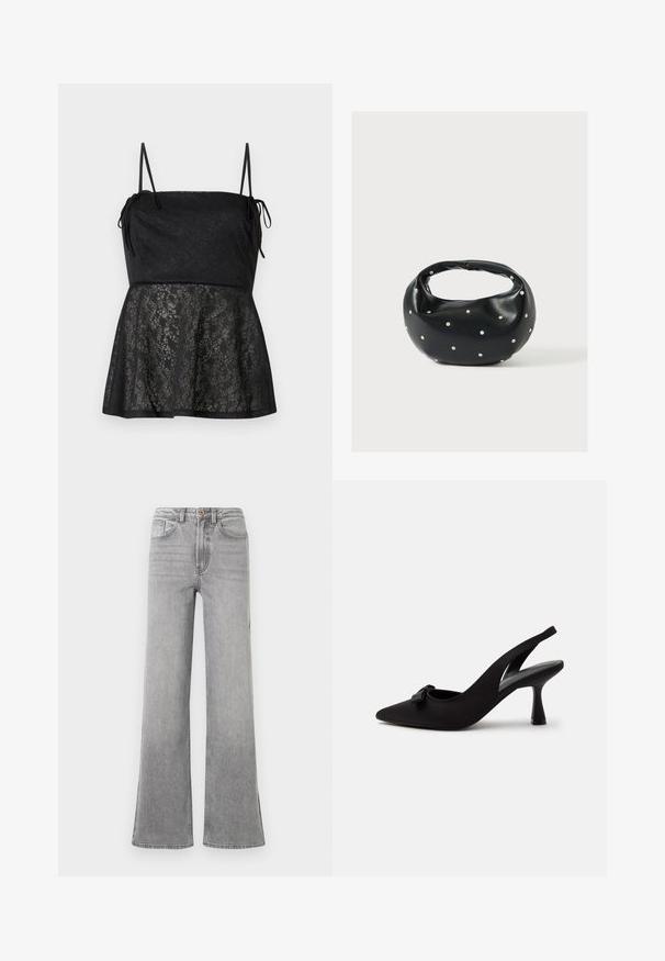 Schwarzes ärmelloses Kleid mit dünnen Trägern, tailliertem Oberteil und ausgestelltem Rock mit dezentem Blumen-Spitzenmuster.; Graue Denim-bootcut-Jeans mit hoher Taille, Fronttaschen, Gürtelschlaufen und einem subtilen, verblassten Design, präsentiert vor einem weißen Hintergrund.; Schwarzer Slingback-Pumps mit spitzer Kappe, kleinem Schleifendetail vorne und schmalem Absatz, vor weißem Hintergrund gezeigt.; Schwarze Lederhandtasche mit abgerundeter Form, verziert mit silbernen Nietenakzenten und kurzem Griff. Glatte Struktur und Reißverschlussverschluss.