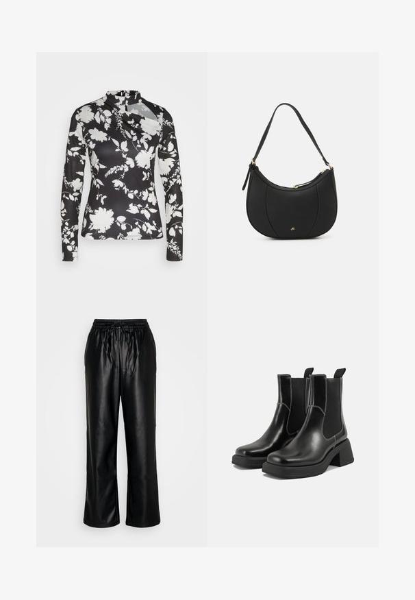 Haut à manches longues en tissu noir avec un motif floral blanc, col montant, texture lisse et silhouette cintrée.; GAP PULL ON WIDE LEG - Pantalon classique - true black; Bottes Chelsea en cuir noir avec un talon épais, des panneaux latéraux élastiques et des coutures blanches contrastantes. Fini texturé.; Sac à main en cuir noir avec une forme courbée, surface texturée, coutures avant et un logo doré. Il est doté d'une seule sangle ajustable.