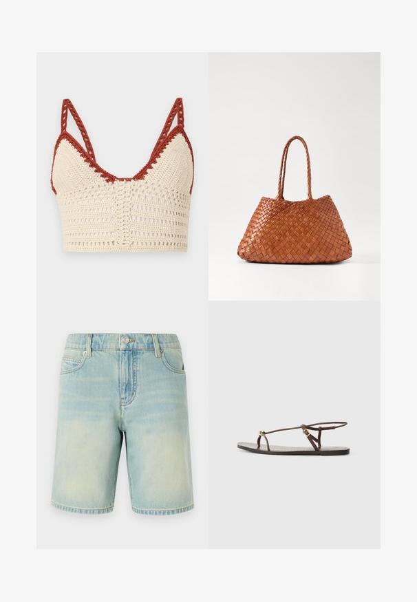Häkeltop in Creme und Rost mit dreieckigen Cups, verstellbaren Trägern und einer offenen Struktur mit detaillierten Verzierungen.; Hellblaue Denim-Shorts mit einem verblassten Finish, ausgestattet mit einem Fünf-Taschen-Design, sichtbaren Nähten und einem Metallknopfverschluss am Bund.; Braune Leder-Sandale mit dünnen Riemen, einem goldenen, runden Akzent und einer flachen Sohle. Minimalistisches Design mit einem verstellbaren Schnallen-Detail.; DRAGON DIFFUSION SANTA CROCE BIG - Handtasche - tan