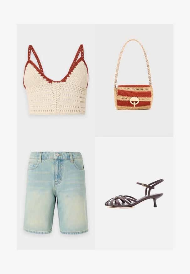 Häkeltop in Creme und Rost mit dreieckigen Cups, verstellbaren Trägern und einer offenen Struktur mit detaillierten Verzierungen.; Hellblaue Denim-Shorts mit einem verblassten Finish, ausgestattet mit einem Fünf-Taschen-Design, sichtbaren Nähten und einem Metallknopfverschluss am Bund.; Dunkelbraune Leder-Sandalette mit Riemchen und verstellbarem Schnallenriemen am Knöchel, Kitten-Heel, vor weißem Hintergrund.; Kleine rechteckige gewebte Handtasche mit roten und beigen Streifen, goldfarbenem runden Verschluss und goldfarbener Ketten-Schulterriemen.