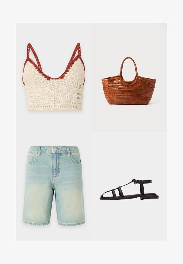 Häkeltop in Creme und Rost mit dreieckigen Cups, verstellbaren Trägern und einer offenen Struktur mit detaillierten Verzierungen.; Hellblaue Denim-Shorts mit einem verblassten Finish, ausgestattet mit einem Fünf-Taschen-Design, sichtbaren Nähten und einem Metallknopfverschluss am Bund.; Dunkelbraune flache Sandale mit strukturierten Riemen, Knöchelriemen mit Schnalle und offenem Zehendesign vor einem schlichten hellen Hintergrund.; Gewebte braune Tragetasche mit breiter Form, geflochtenen Griffen und strukturierter Oberfläche. Verfügt über eine abgerundete Oberseite und ein offenes Innere.