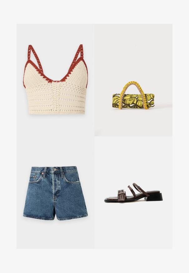 Gehaakte bralette in crème en roest, met driehoekige cups, verstelbare bandjes en een open geweven textuur met ingewikkelde details.; Denim shorts in medium blue met een hoge taille, vijf zakken, contrasterende stiksels en een metalen knoopsluiting. Textuurstof met een lichte vervaging.; Bruine leren sandaal met geweven voorriem, twee smalle enkelriempjes met gesp, lage blokhak en vierkante teen.; Rechthoekige tas met geel-zwart bloemenpatroon en gevlochten geel-roze handvat op witte achtergrond.