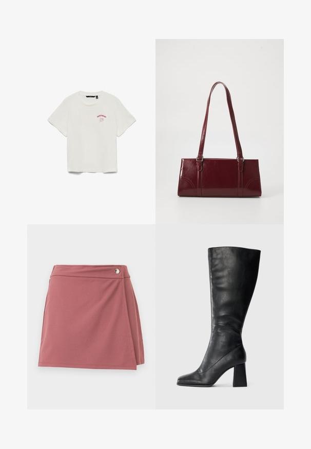 Wit kortemouw cropped T-shirt met de tekst "SWEETHEART" en een rode roos graphic op de linkerborst.; Korte wikkelrok in stoffig rozenrood met een klein zilveren knoopje vlakbij de tailleband op een effen lichte achtergrond.; Zwarte kniehoge laars van glad leer, met een vierkante neus en een chunky blokhak. Eenvoudig ontwerp zonder versieringen.; Bourgondische handtas van glanzend materiaal, rechthoekige vorm, met twee schouderbanden en subtiele gebogen accenten aan de voorkant.