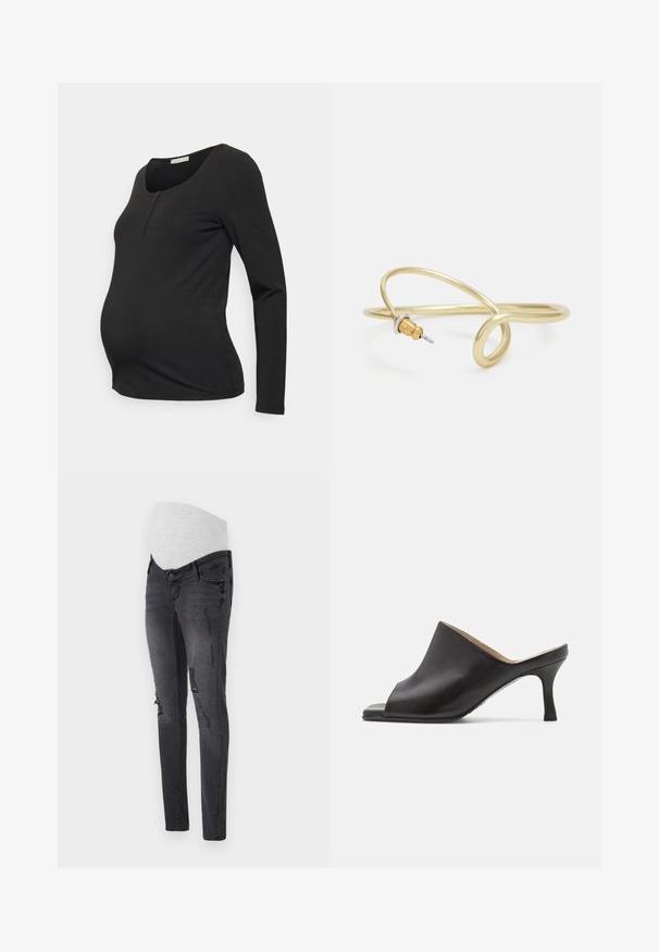 Anna Field MAMA by Zalando Pikkade varrukatega topp - black; Tumedast hallist denimist rasedate teksapüksid, millel on veniv vöökoht, tumenevad detailid ja kitsas lõige.; Selected ASHLEY - Kontsaga tagant lahtised kingad - black; Kuldne metallist käevõru, millel on voolav ja kõver disain. Ühel otsal on väike, silmapaistev hõbedane aktsent.